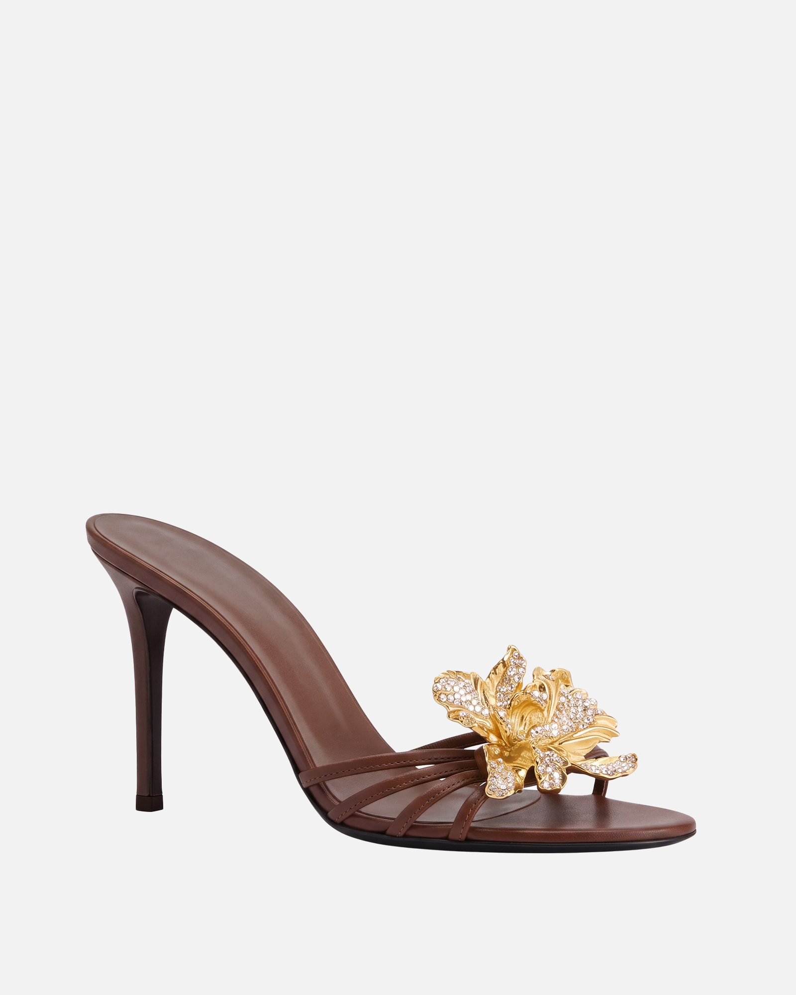 Orle Metal Crystal Flower Mules In Coffee