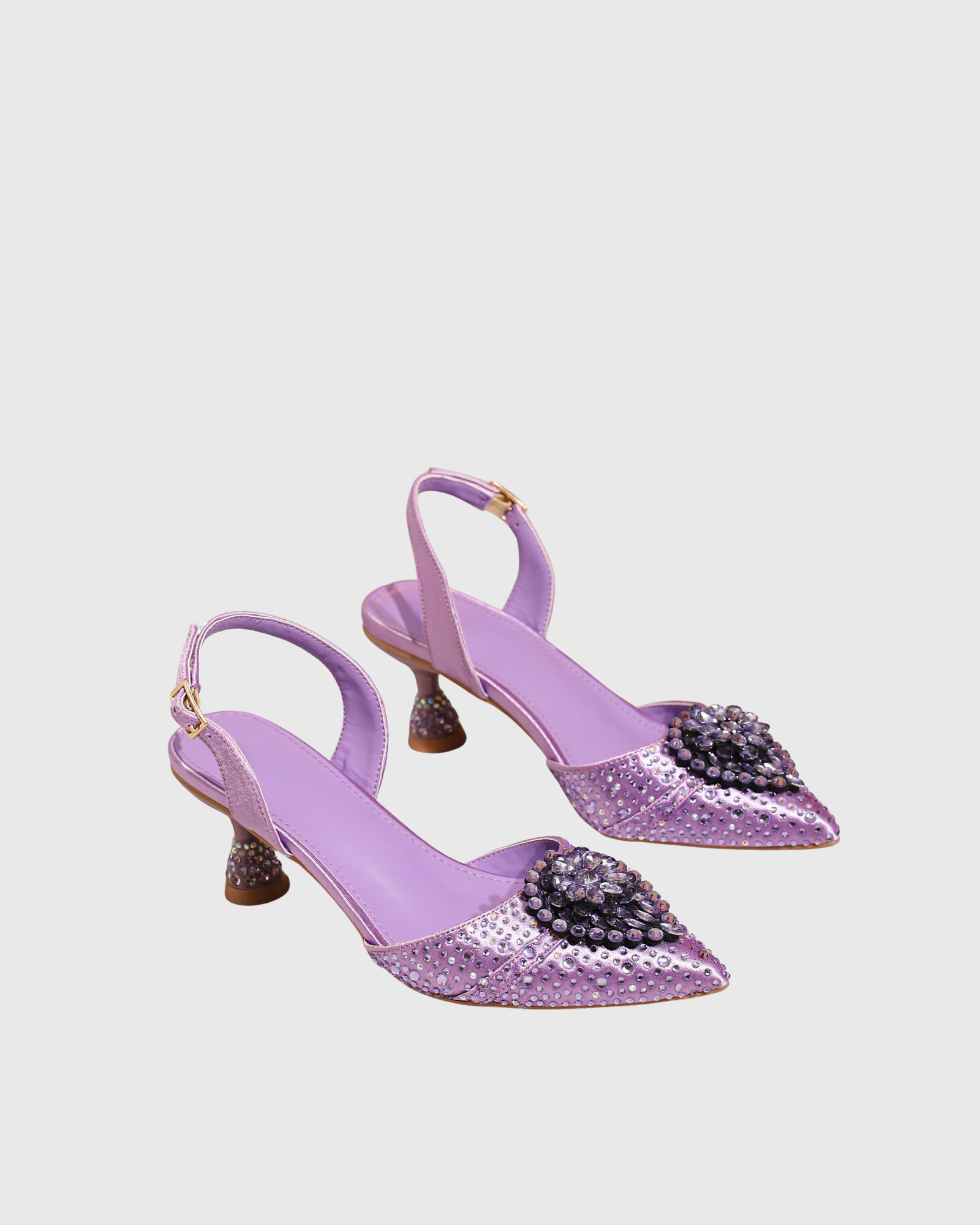 Elena Rhinestone Flower Slingback Flared Heels In Lilac