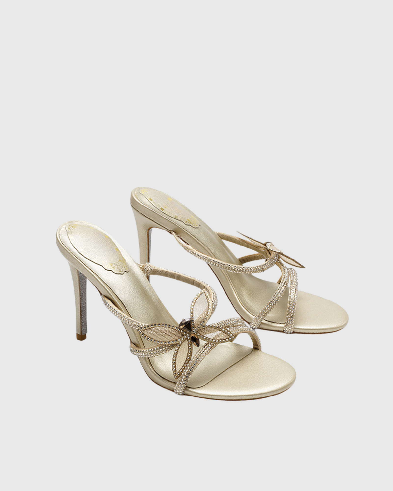 Vera Bow Rhinestone Stiletto Mules in Gold 