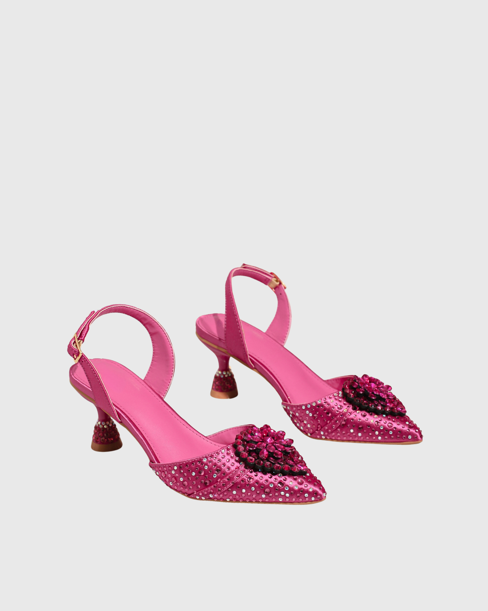 Elena Rhinestone Flower Slingback Flared Heels In Hot Pink