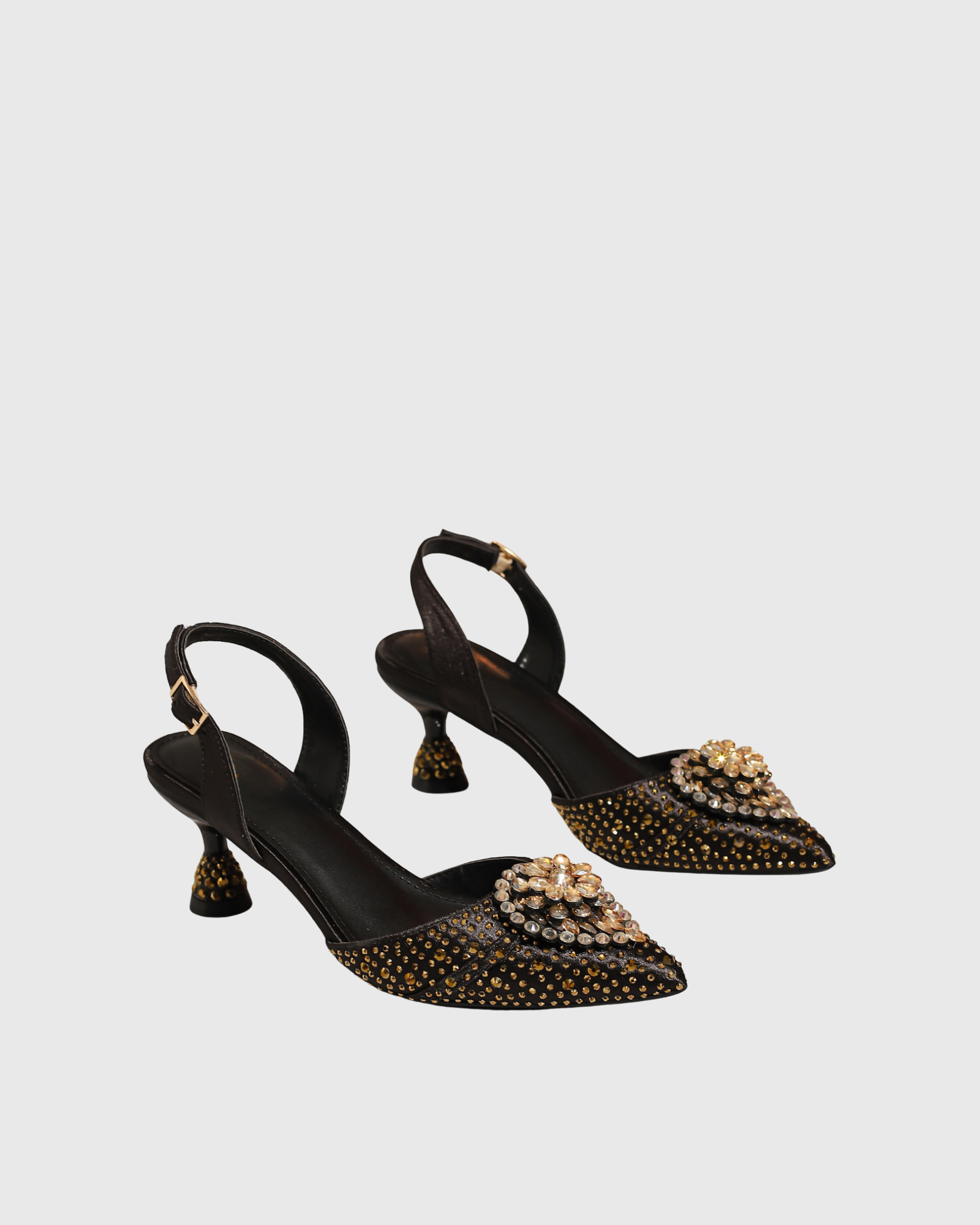 Elena Rhinestone Flower Slingback Flared Heels In Black