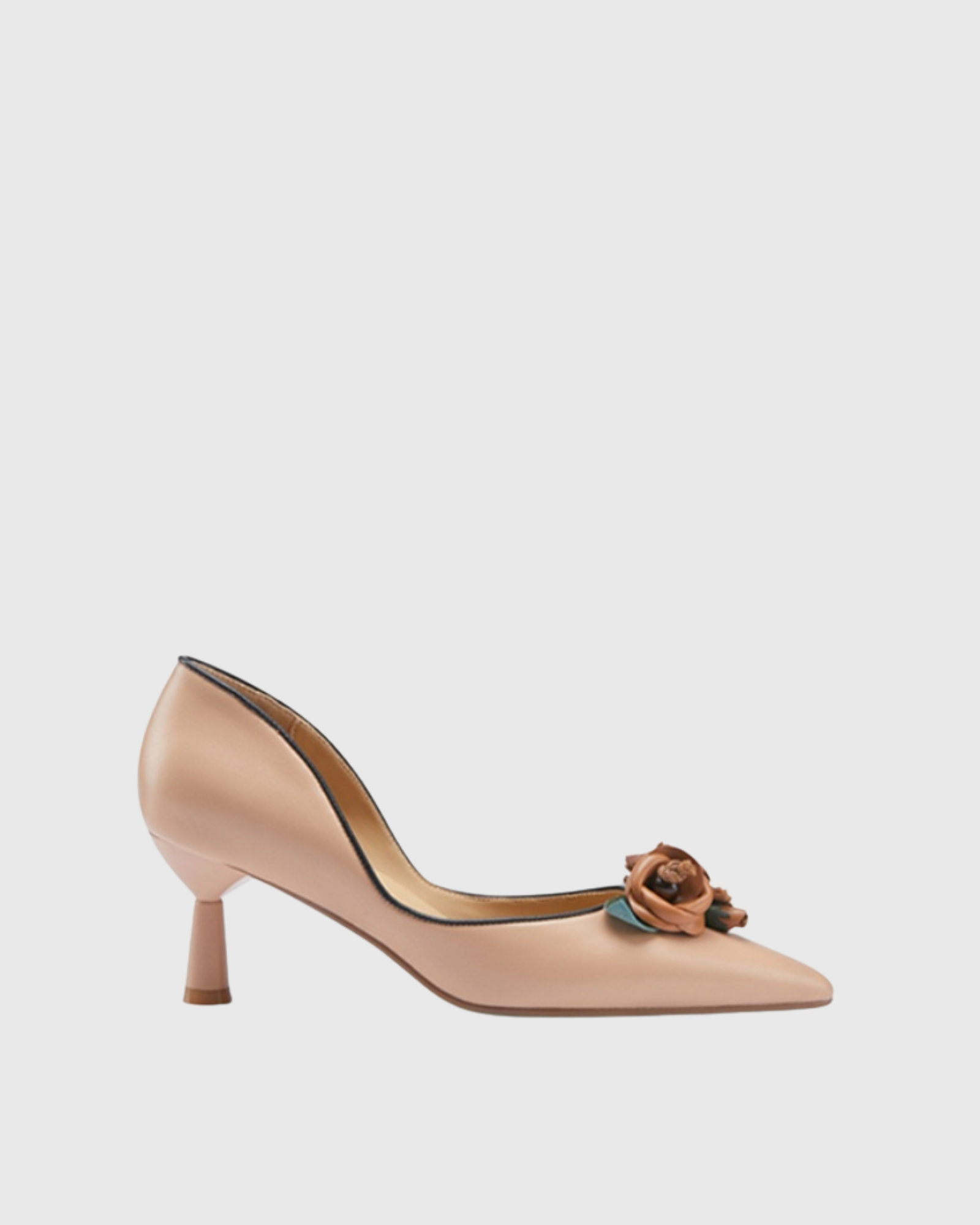 Saura Flower Leather Kitten Heels In Beige