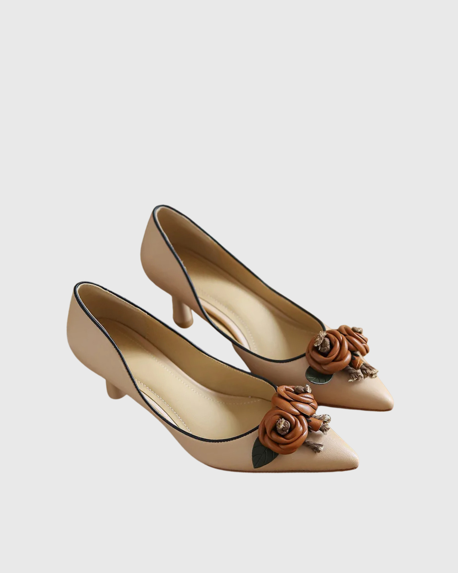 Saura Flower Leather Kitten Heels In Beige