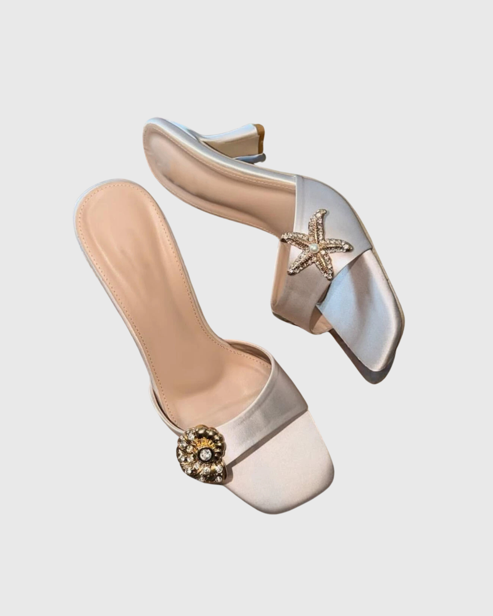 Elysia Rhinestone Satin Mules In Beige