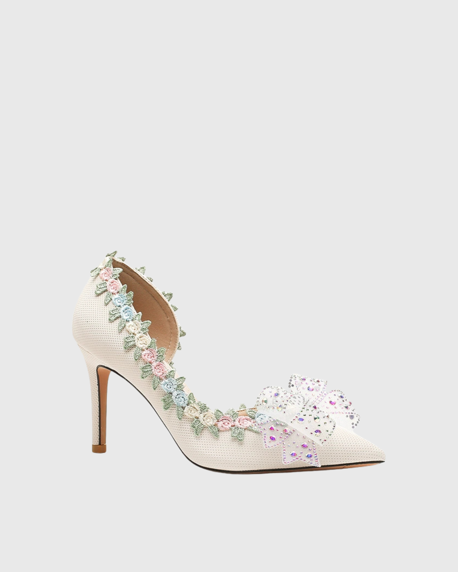 Brielle Butterfly Rhinestone Embroidered Flower Pumps In White