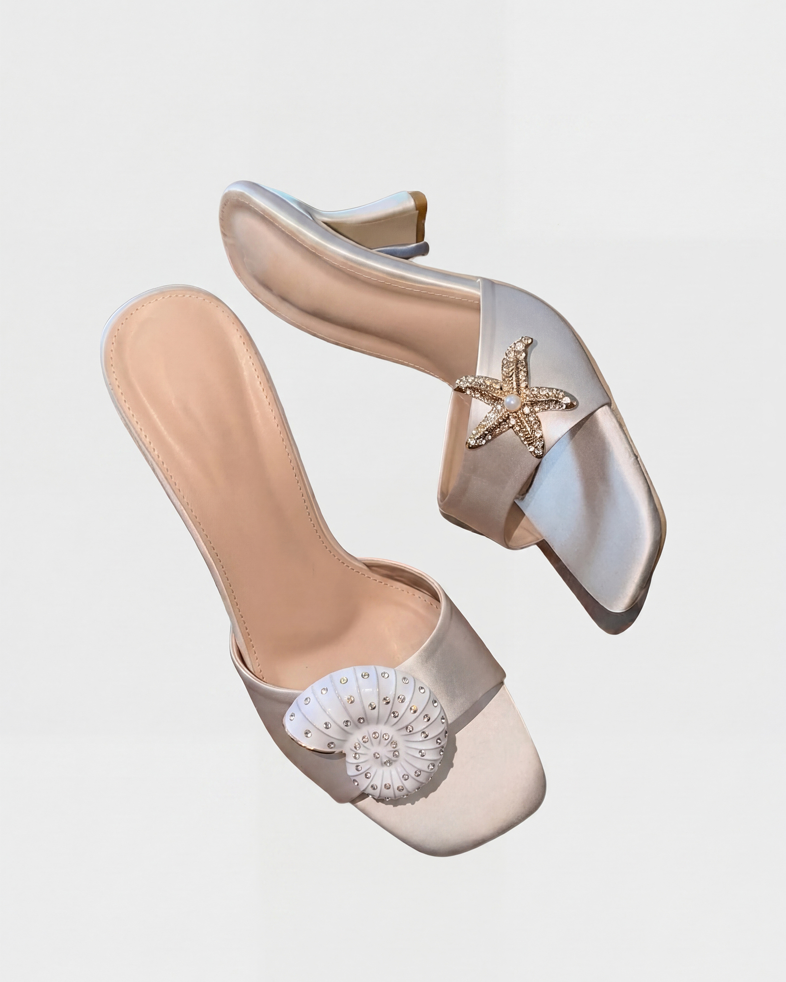 Elysia Rhinestone Satin Mules In Beige