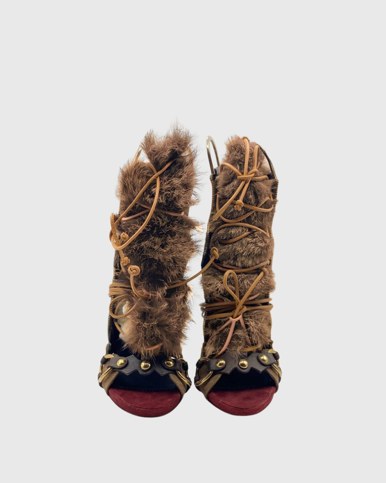 Sadiya Faux Fur Lace Up Suede Sandals In Brown