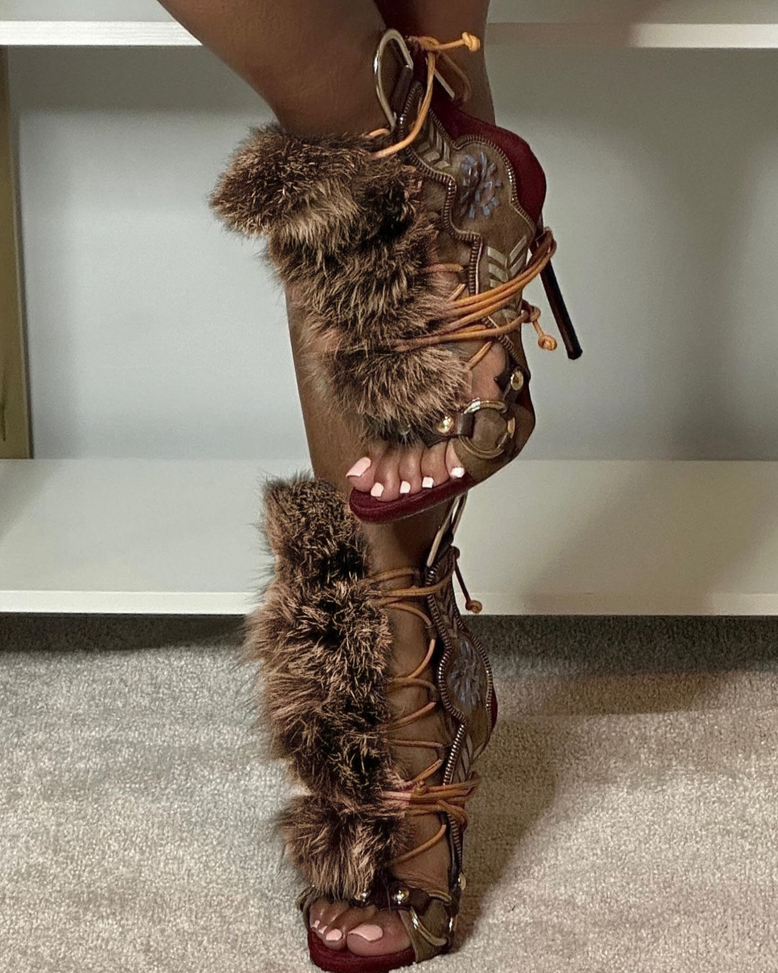 Sadiya Faux Fur Lace Up Suede Sandals In Brown