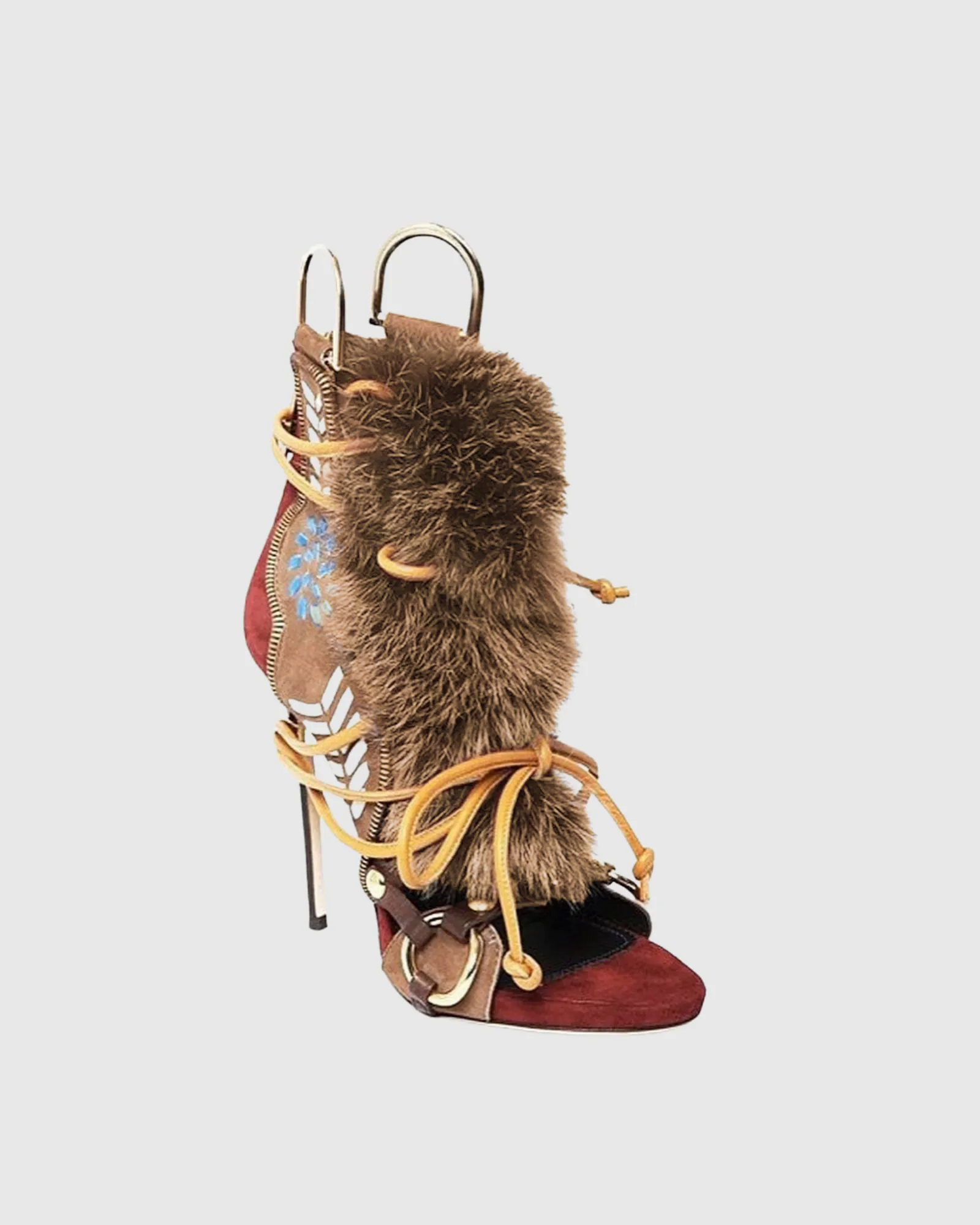 Sadiya Faux Fur Lace Up Suede Sandals In Brown