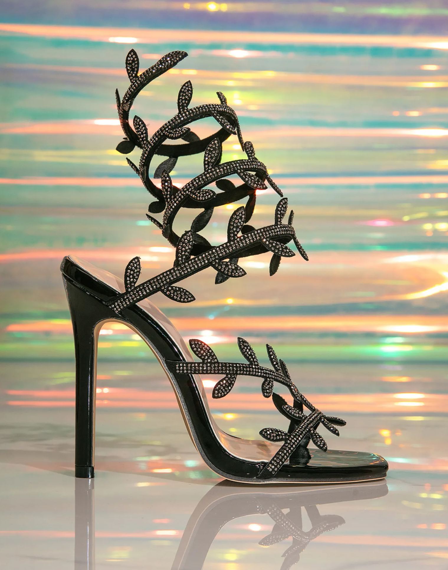 Ealar Rhinestone Leaf Lace Up Sandals In Black