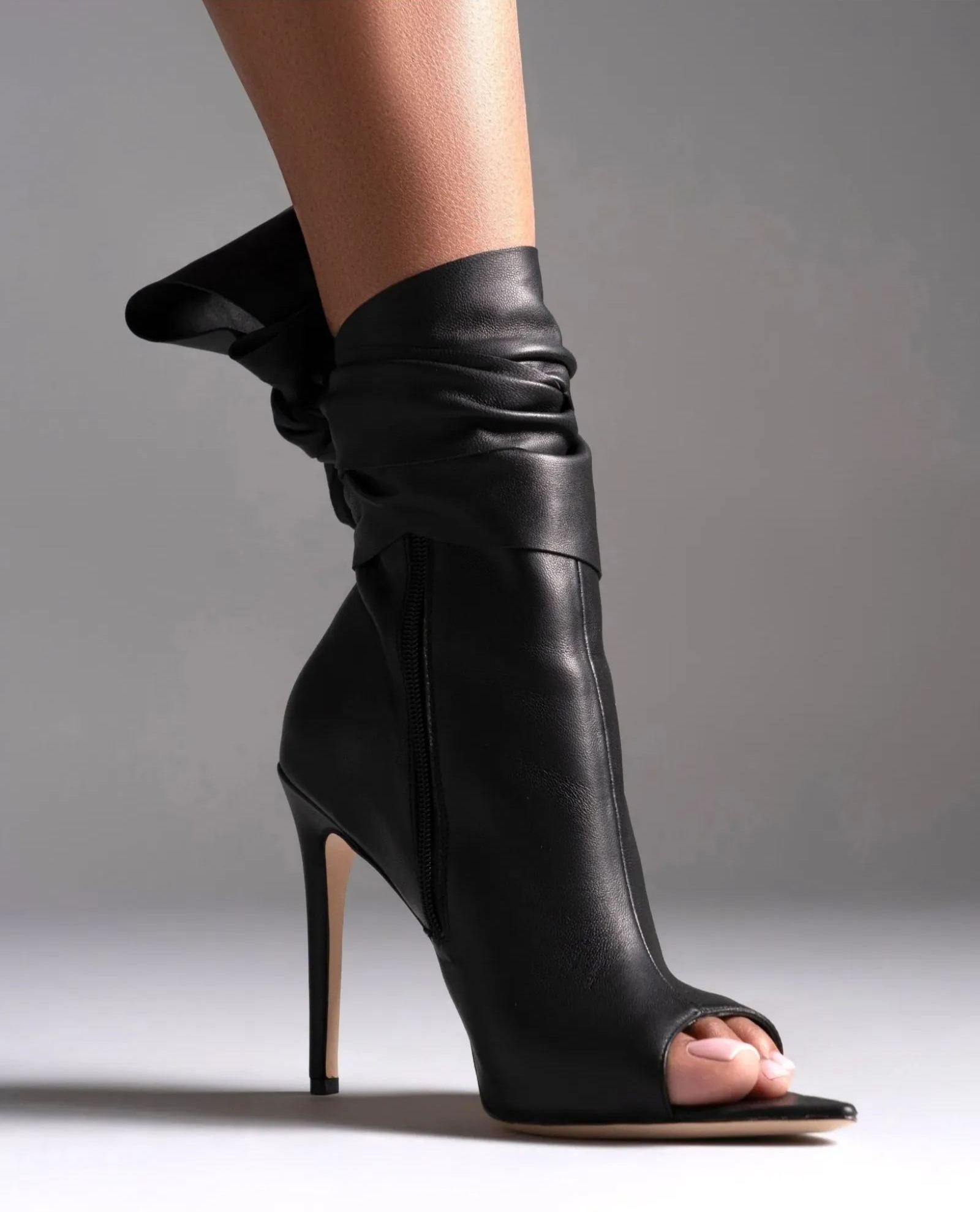 Edik Tie Up Bow Open Toe Boots In Black