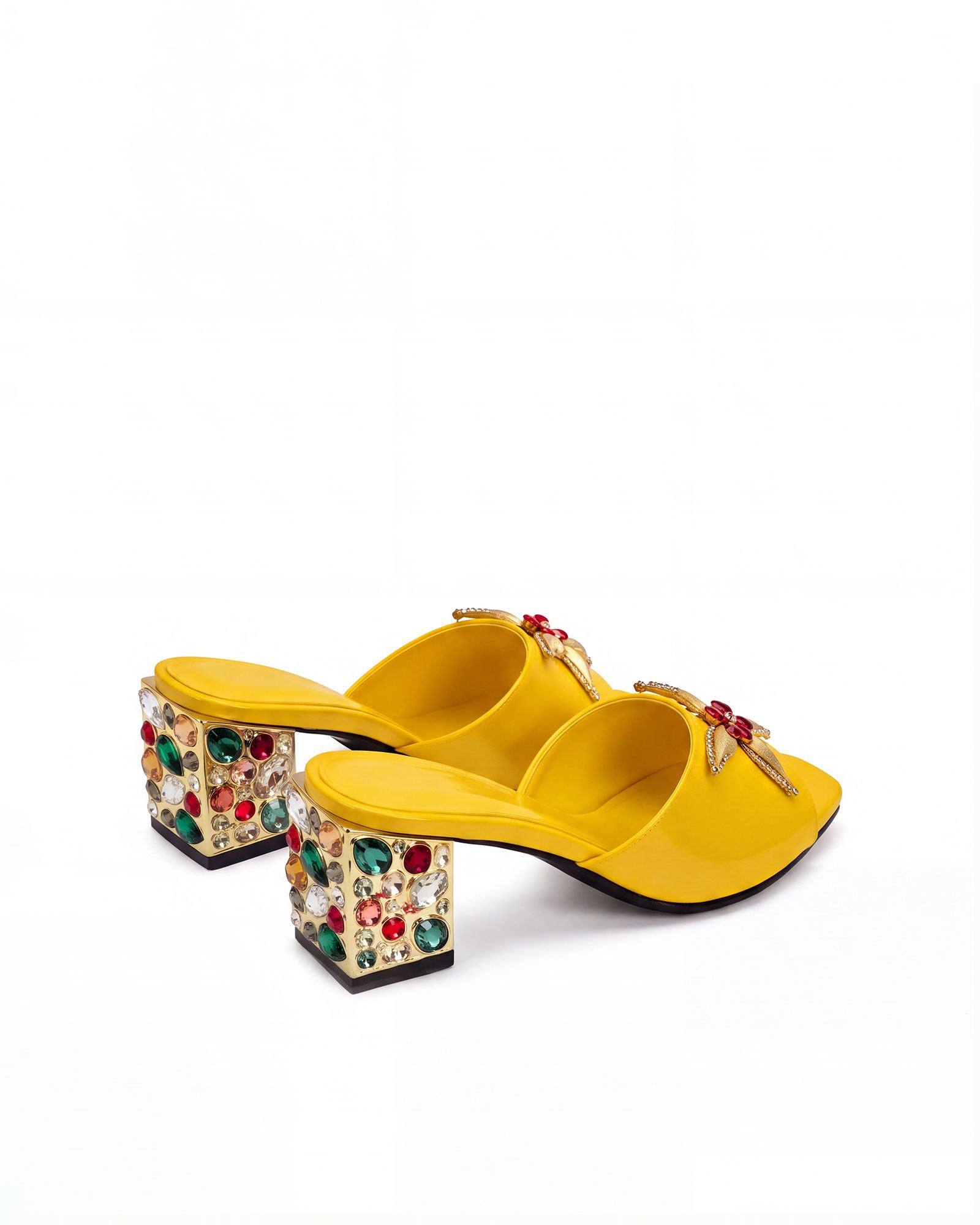 Pahuac Flower Rhinestone Mules In Yellow