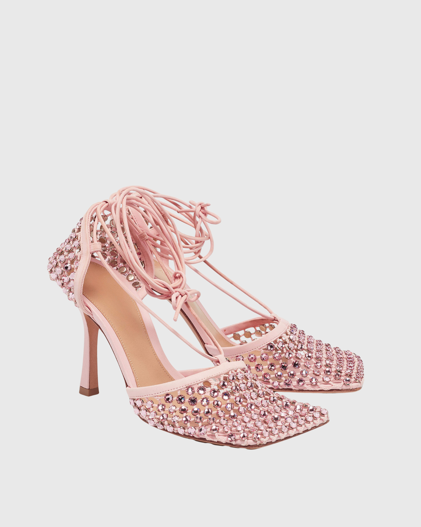 Luca Rhinestone Embellished Fishnet Lace up Pumps In Pink