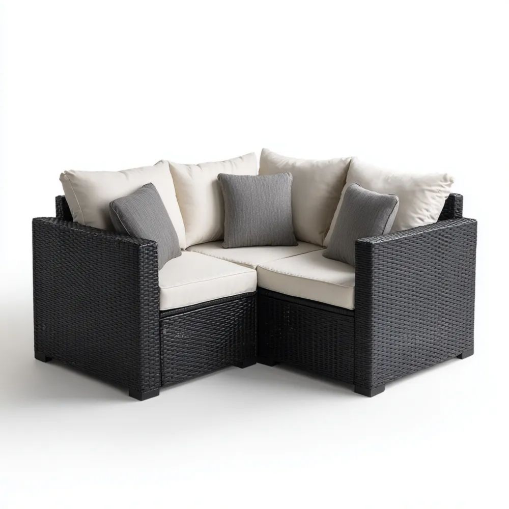 Ecksofa im Garten Rattan 150x150x70 cm – Schwarz/Creme/Grau – Modernes Design-stillavio