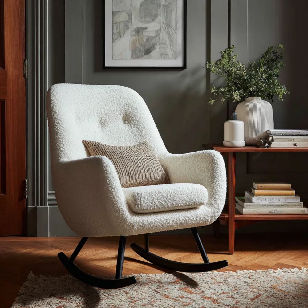 Moderner Schaukelstuhl 85x75x90 cm in Schaffelloptik - Weiß-easeanova