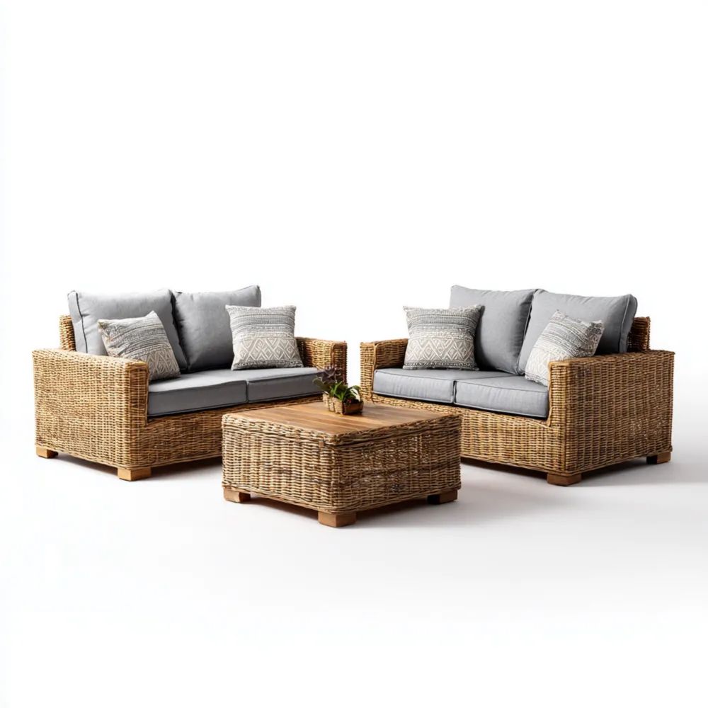 Rattan-Sofaset 2-Sitzer 120x70x75 cm und Couchtisch 90x60x40 cm mit Kissen - Hellgrau/Natur - Moderner Stil
