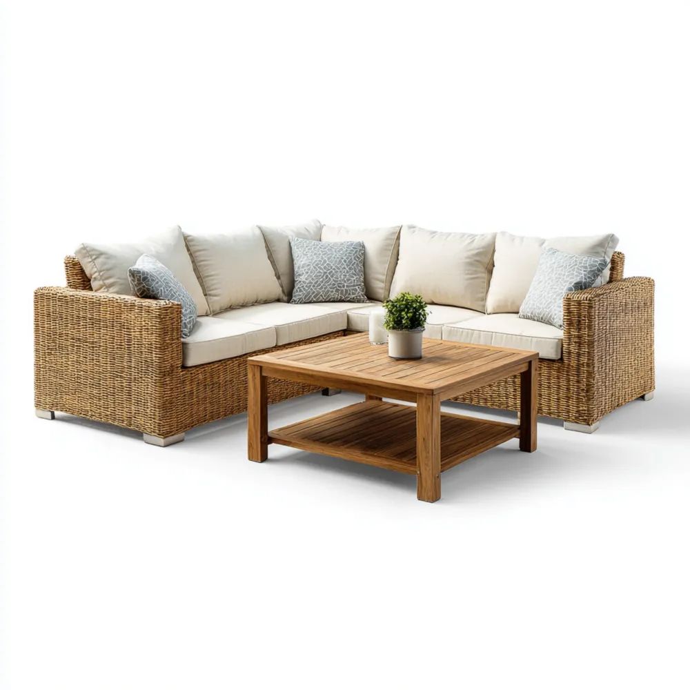 Ecksofa Set Rattan 250x250x75 cm – Cremeweiß – Moderner Stil