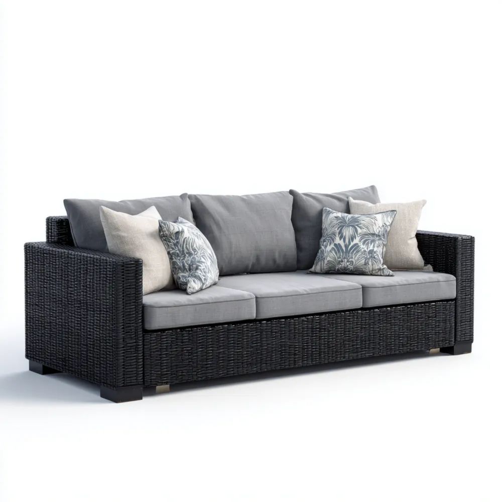 Gartensofa Rattan 200x85x75 cm 3-Sitzer Mit Kissen - Schwarz/Grau - Modernes Design