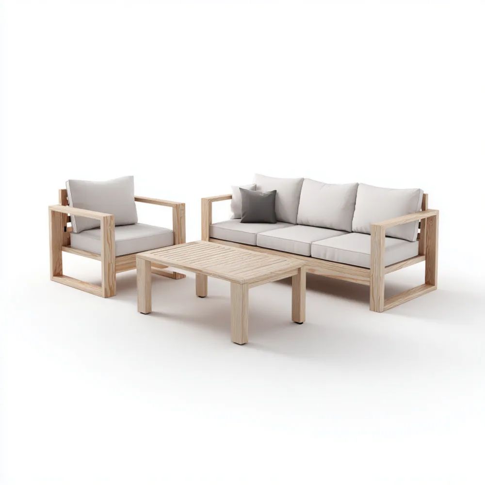 Garten-Sofaset Holzrahmen 3-Sitzer und Sessel 190x75x70 cm - Hellgrau