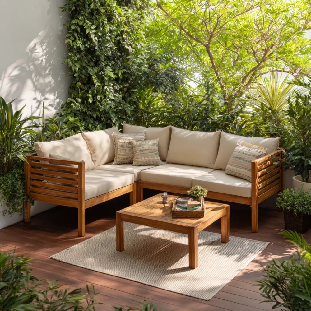 Ecksofa-Set Holz mit Polsterung 230x75x65 cm – Beige – Outdoor-Design
