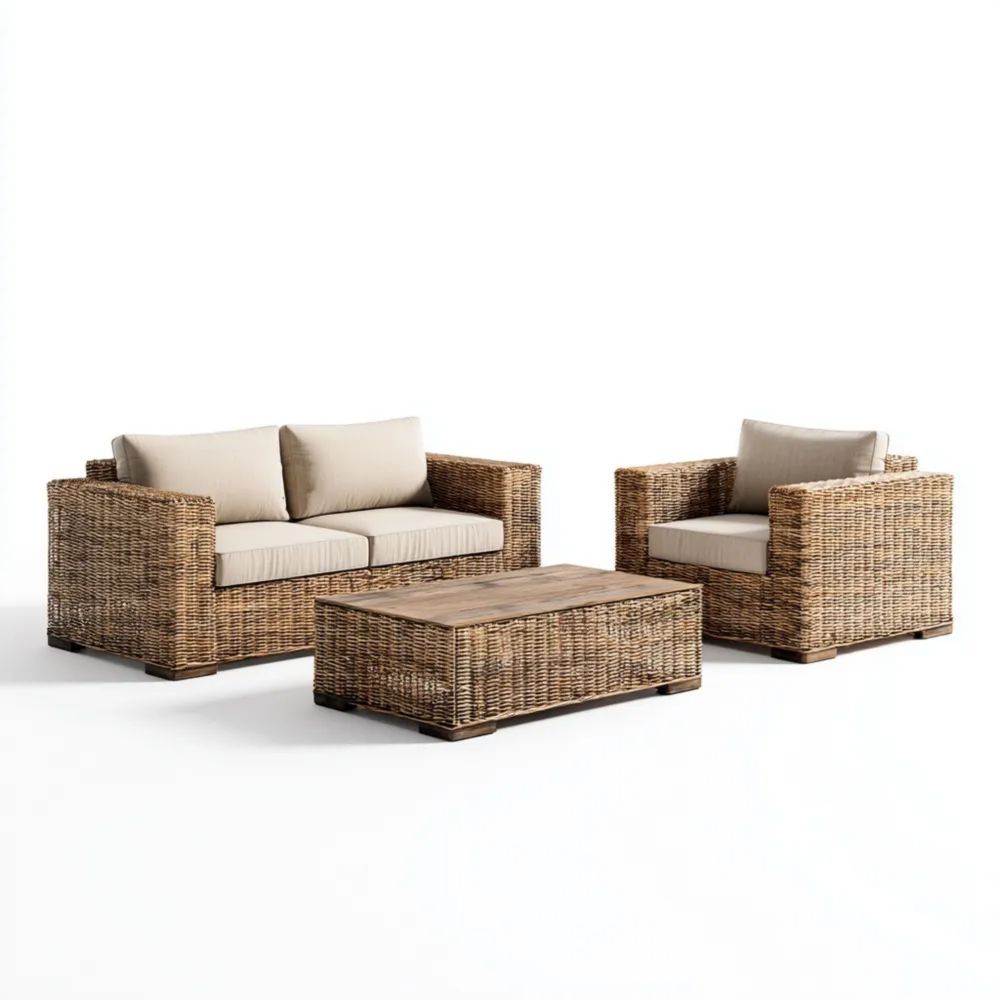 Gartensofaset Rattan Beige - Natürliches Design 120x75x70 cm, 70x75x70 cm, 90x50x35 cm