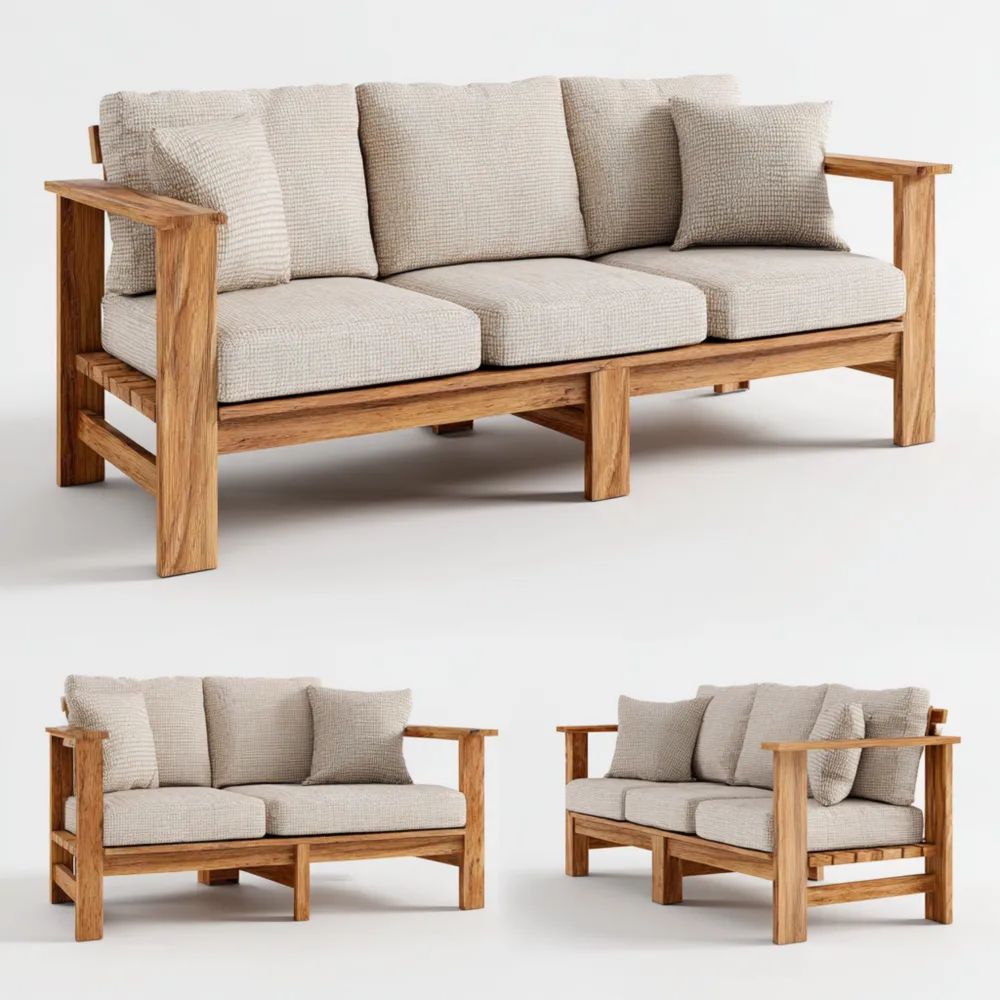 3-Sitzer-Gartensofa mit Holzrahmen 200x85x75 cm – Creme/Naturholz