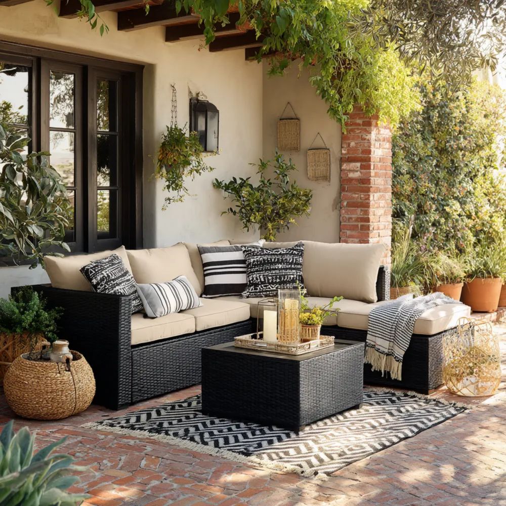 Garten-Sofaset Rattan 210x75x65 cm – Beige/Schwarz – Moderner Stil