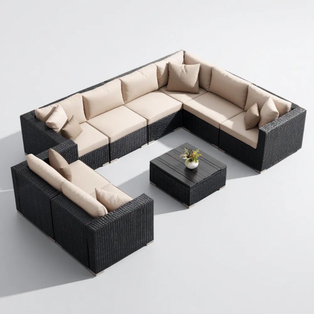 Garten-Sofaset Rattan 210x210 cm – Schwarz/Beige – Moderner Stil