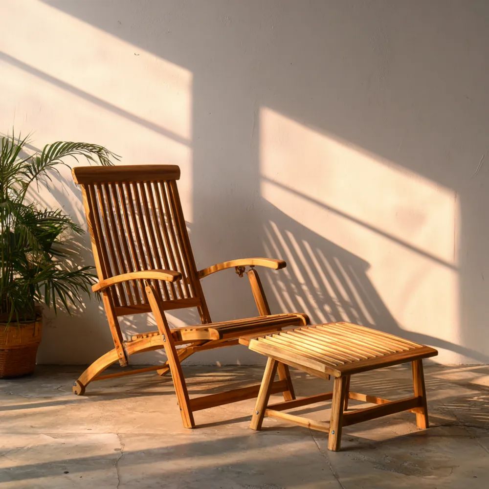 Gartenliege Set – Holz 120x60x95 cm & Fußhocker 45x40x35 cm – Natur