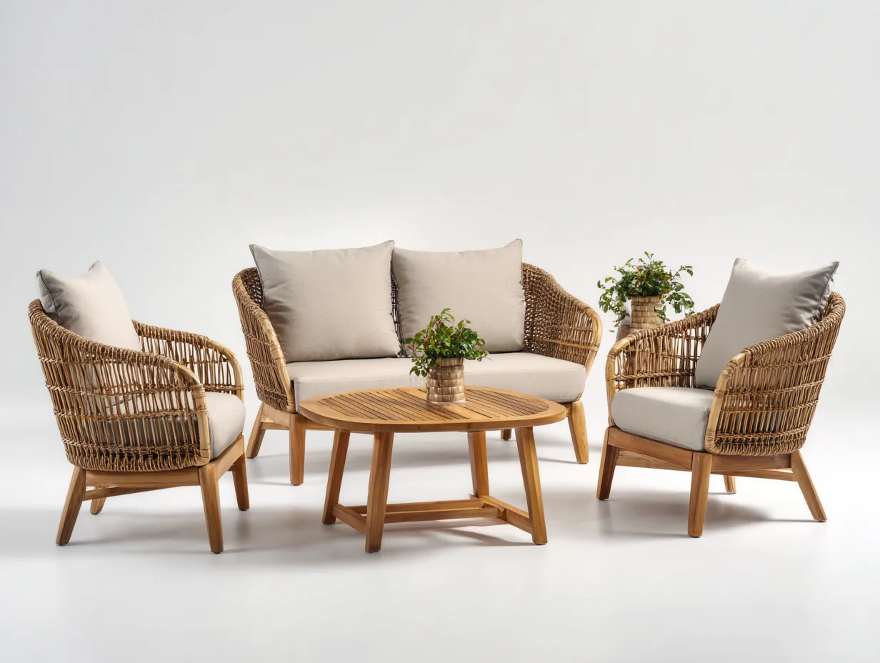 Salon de jardin pour terrasse bois et rotin tressé ensemble complet 160x80x78 cm - beige-bois naturel - style naturel contemporain-Casamymart