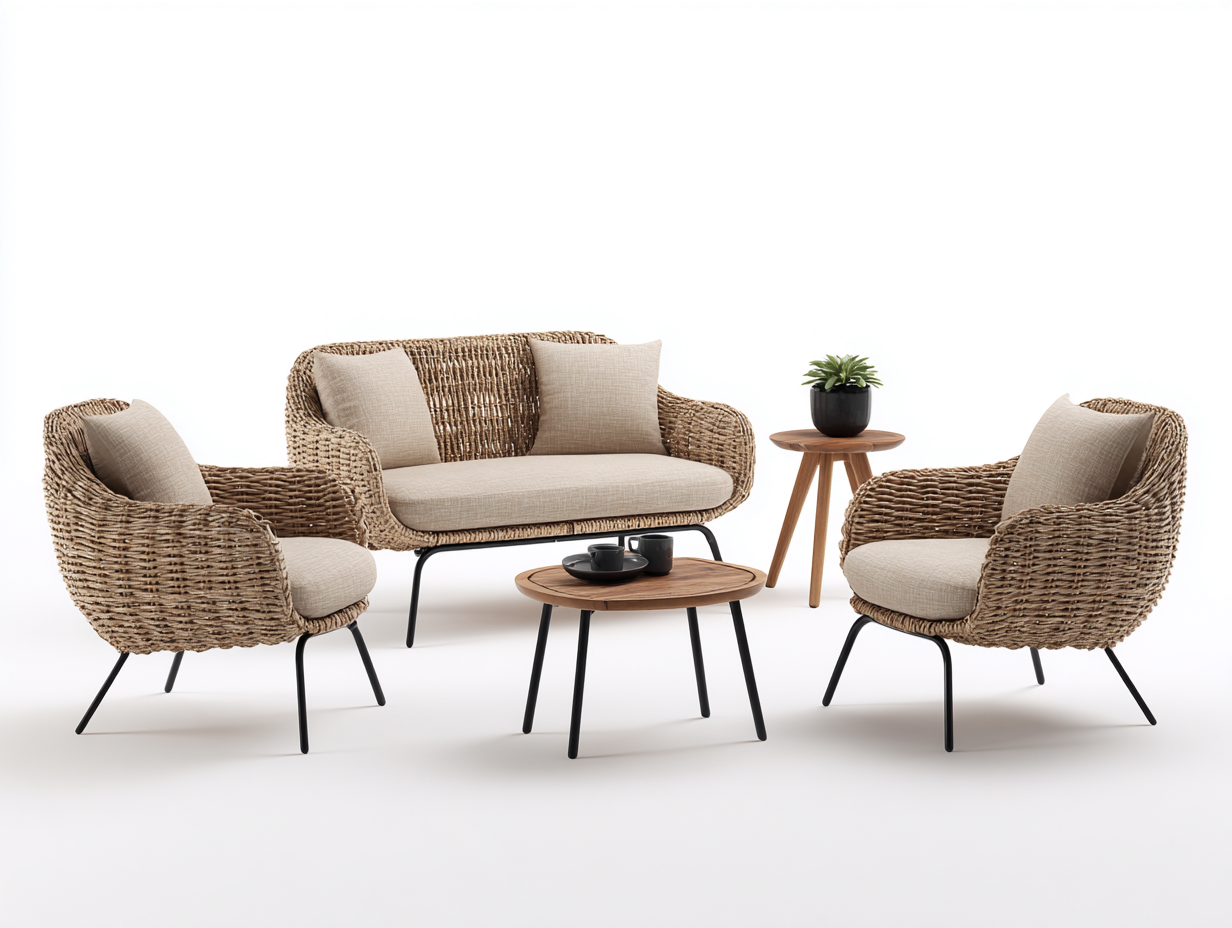 Salon de jardin pour terrasse en rotin synthétique 130x72x78 cm avec table basse 60x60x40 cm - beige naturel - design contemporain-Casamymart