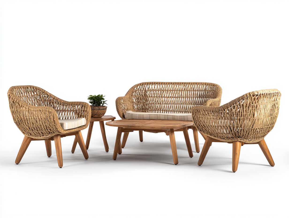 Salon de jardin pour terrasse en rotin tressé et bois naturel ensemble extérieur 180x80x78 cm - bois naturel - style bohème-Casamymart