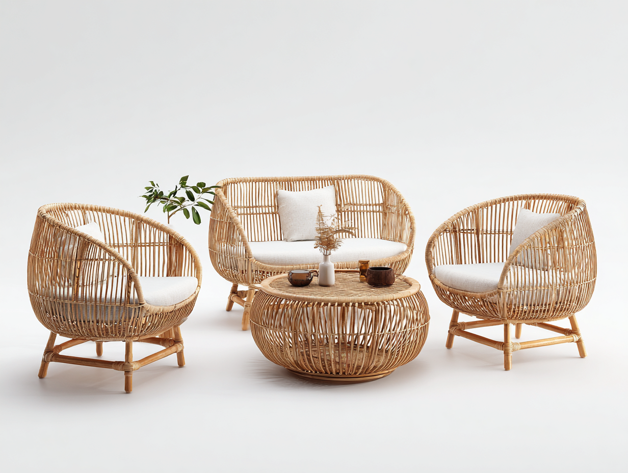 Salon de jardin pour terrasse en rotin naturel ensemble 4 pièces 160x80x75 cm - Bois naturel - Mobilier d'extérieur style bohème-Casamymart