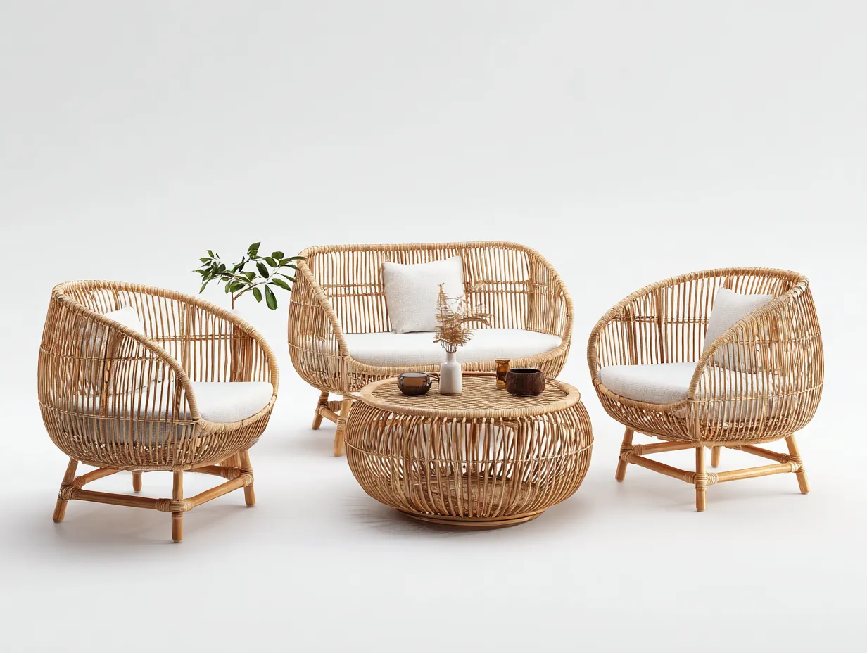 Salon de jardin pour terrasse en rotin naturel ensemble 4 pièces 160x80x75 cm - Bois naturel - Mobilier d'extérieur style bohème-Casamymart