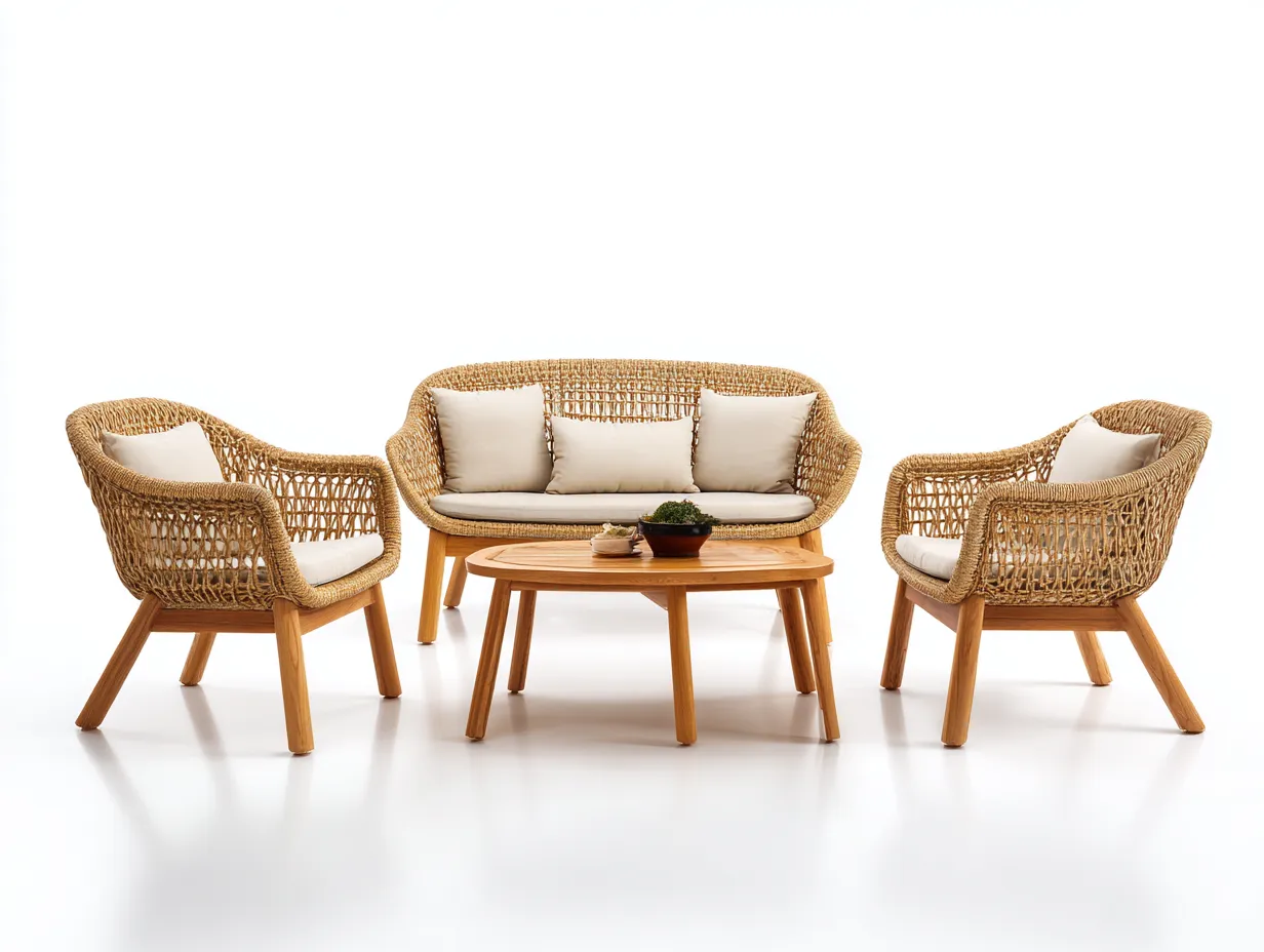 Salon de jardin pour terrasse en rotin et bois 180x75x80 cm - usage extérieur - marron - design naturel-Casamymart