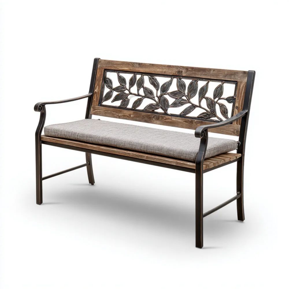 Gartenbank Holz-Metall 120x45x85 cm mit Polster - Braun/Grau - Klassischer Stil