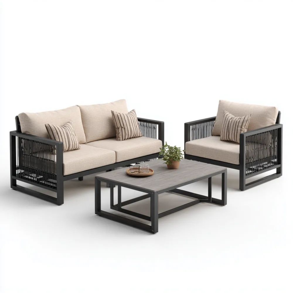 Garten-Sofaset Metallrahmen 185x85x75 cm – Beige/Schwarz – Moderne Outdoor-Möbel