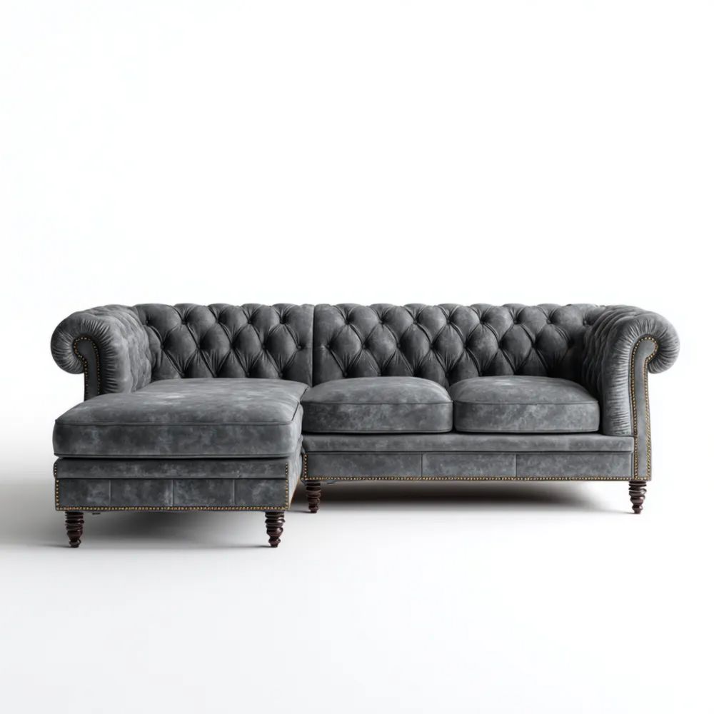 Ecksofa Leder 250x150x85 cm - Dunkelgrau - Chesterfield Design