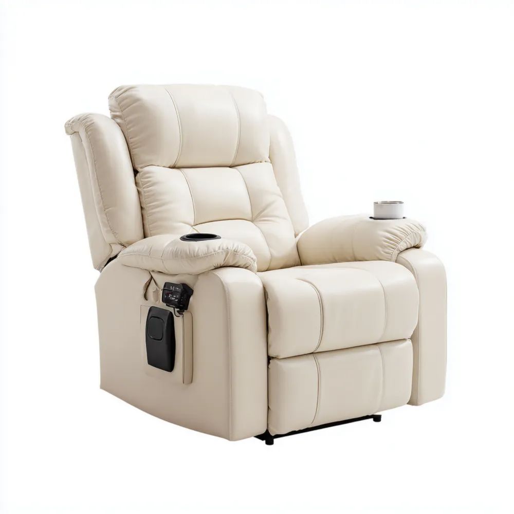 Relaxsessel Lederoptik Creme – 85x90x105 cm Verstellbar mit Becherhalter