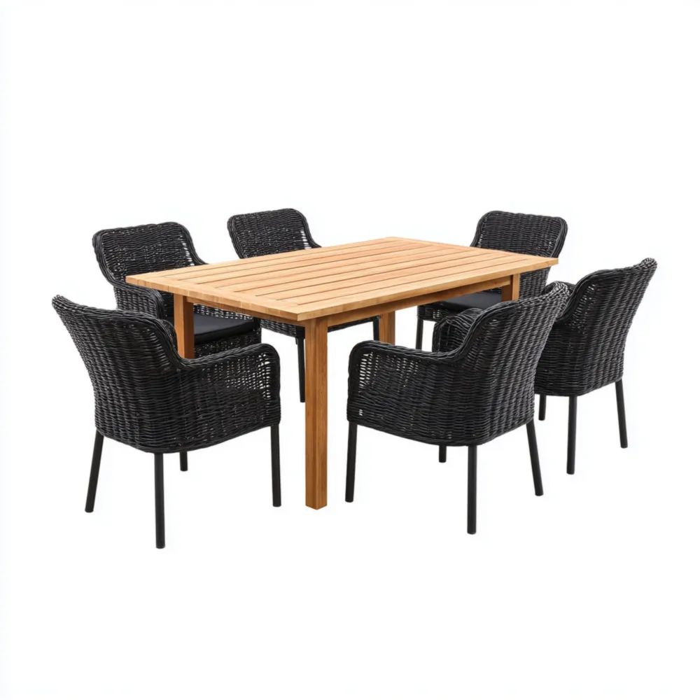 Garten-Essgruppe aus Holz und Rattan - 150x90x75 cm - 6 Stühle - Schwarz/Holz