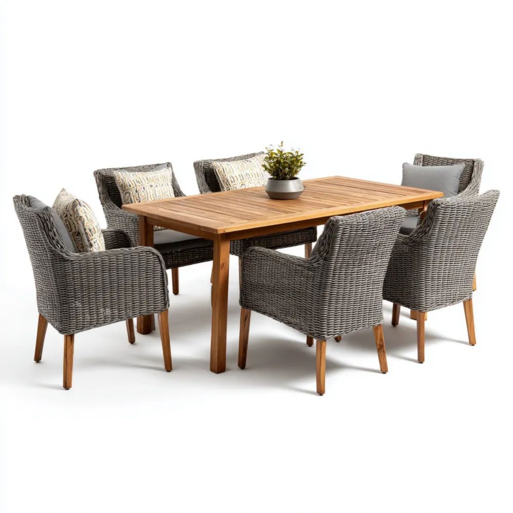 Garten-Essgruppe Rattan-Holz 6-Sitzer - 180x90x75 cm - Graubraun