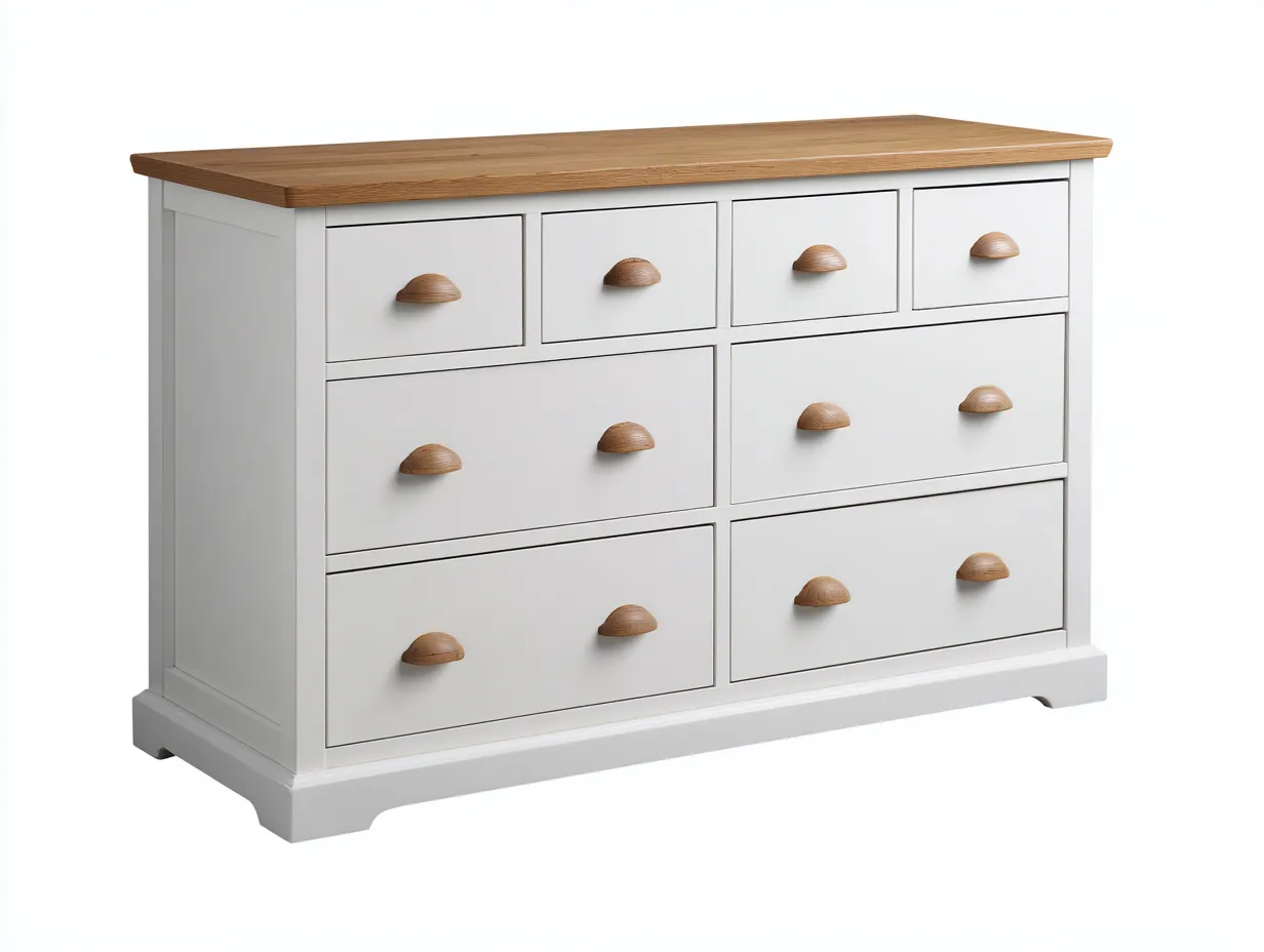 Commode 8 tiroirs en bois 140x45x85 cm - Blanc-Marron - style classique contemporain-Casagethut