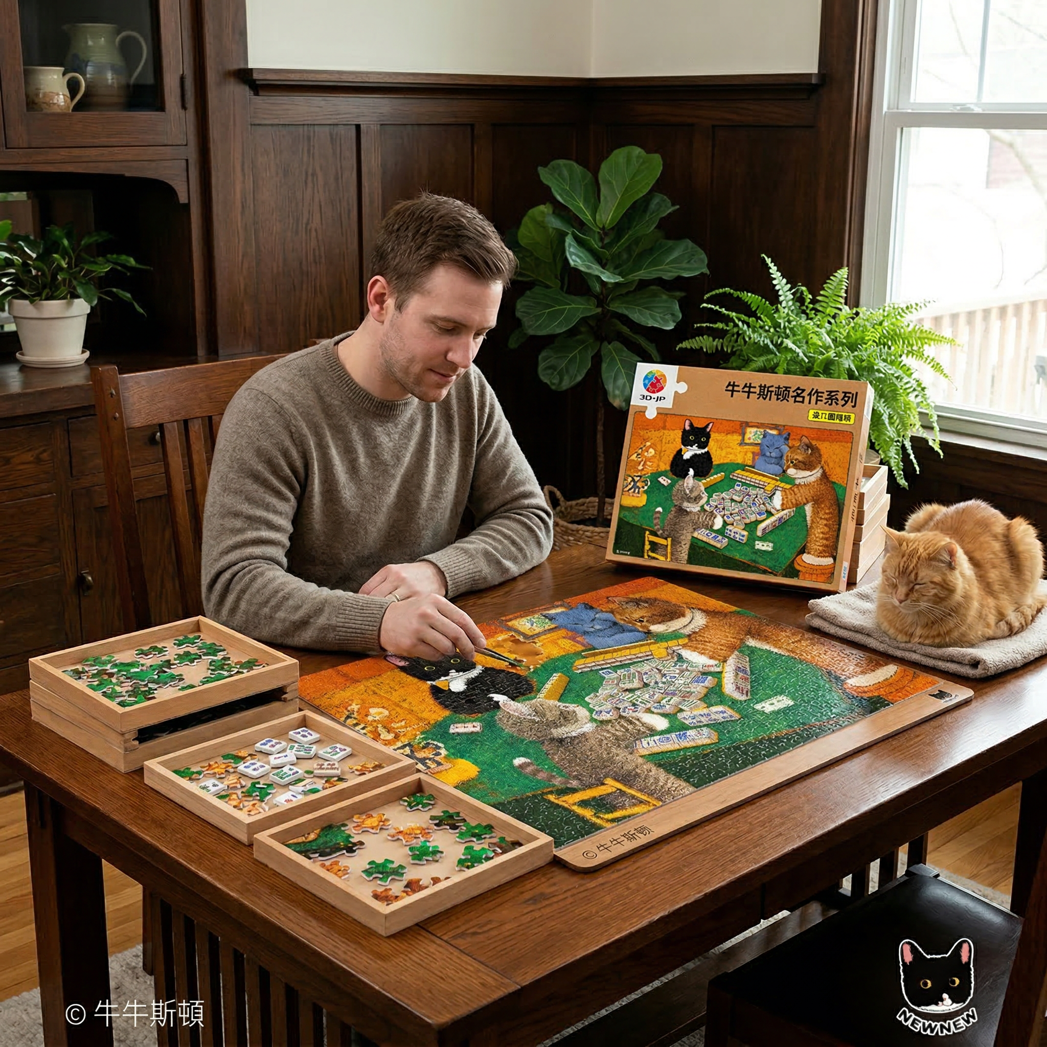 Artistic picture of cats and mahjong theme jigsaw puzzle - 1200 pieces 