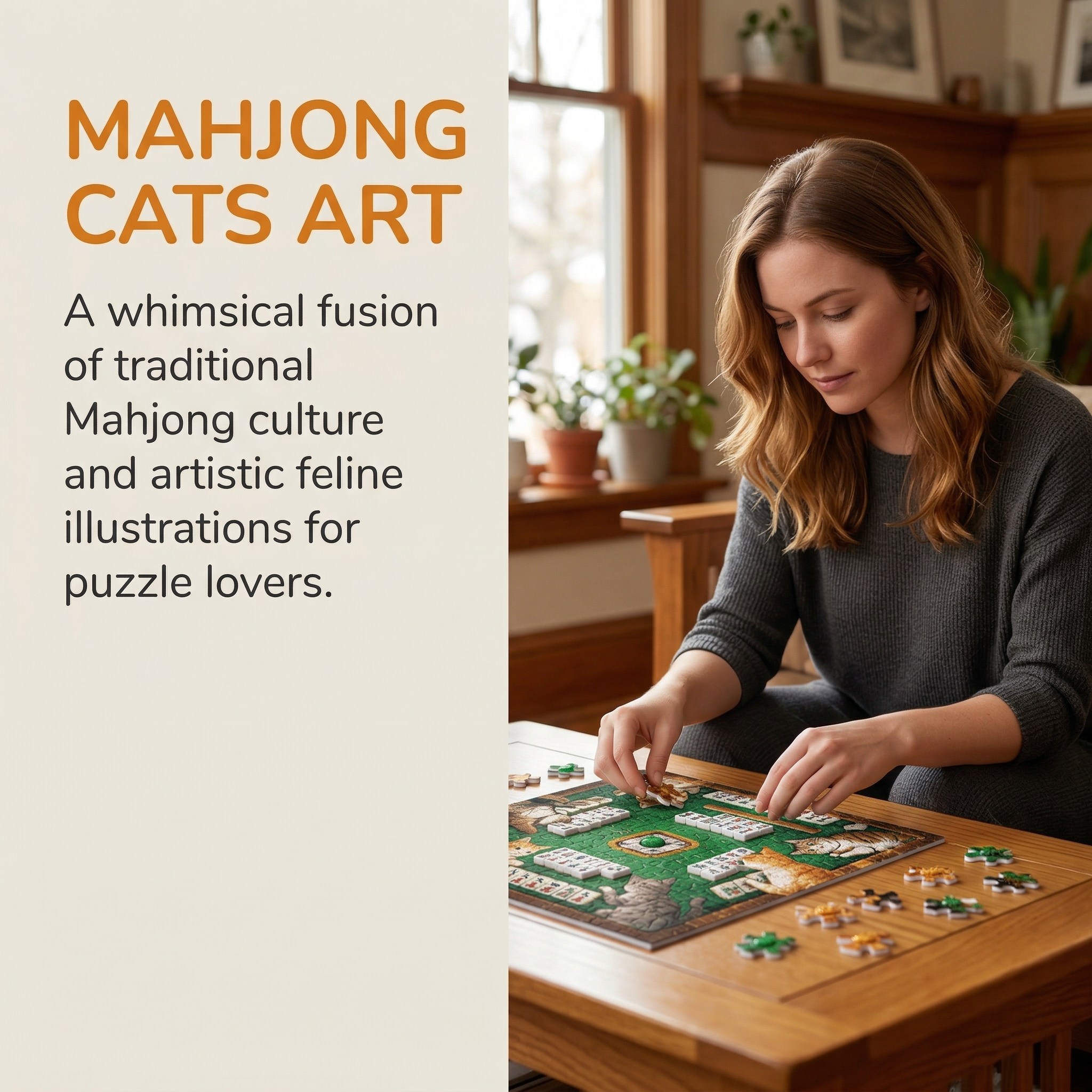 Artistic picture of cats and mahjong theme jigsaw puzzle - 1200 pieces 