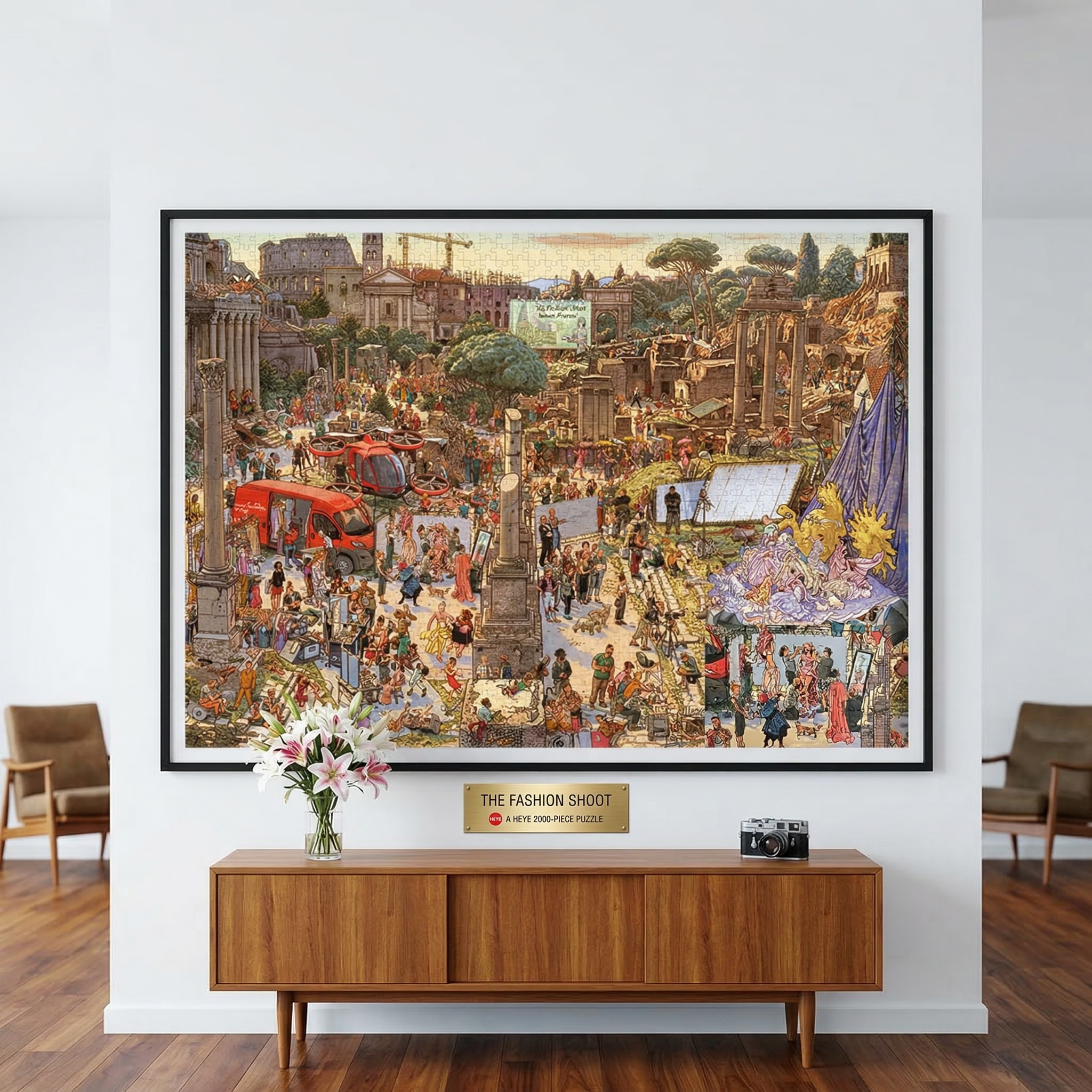 The "Fashion Shooting Set" art puzzle consists of 2000 pieces. It is suitable for adults and can be used for entertainment and stress relief.