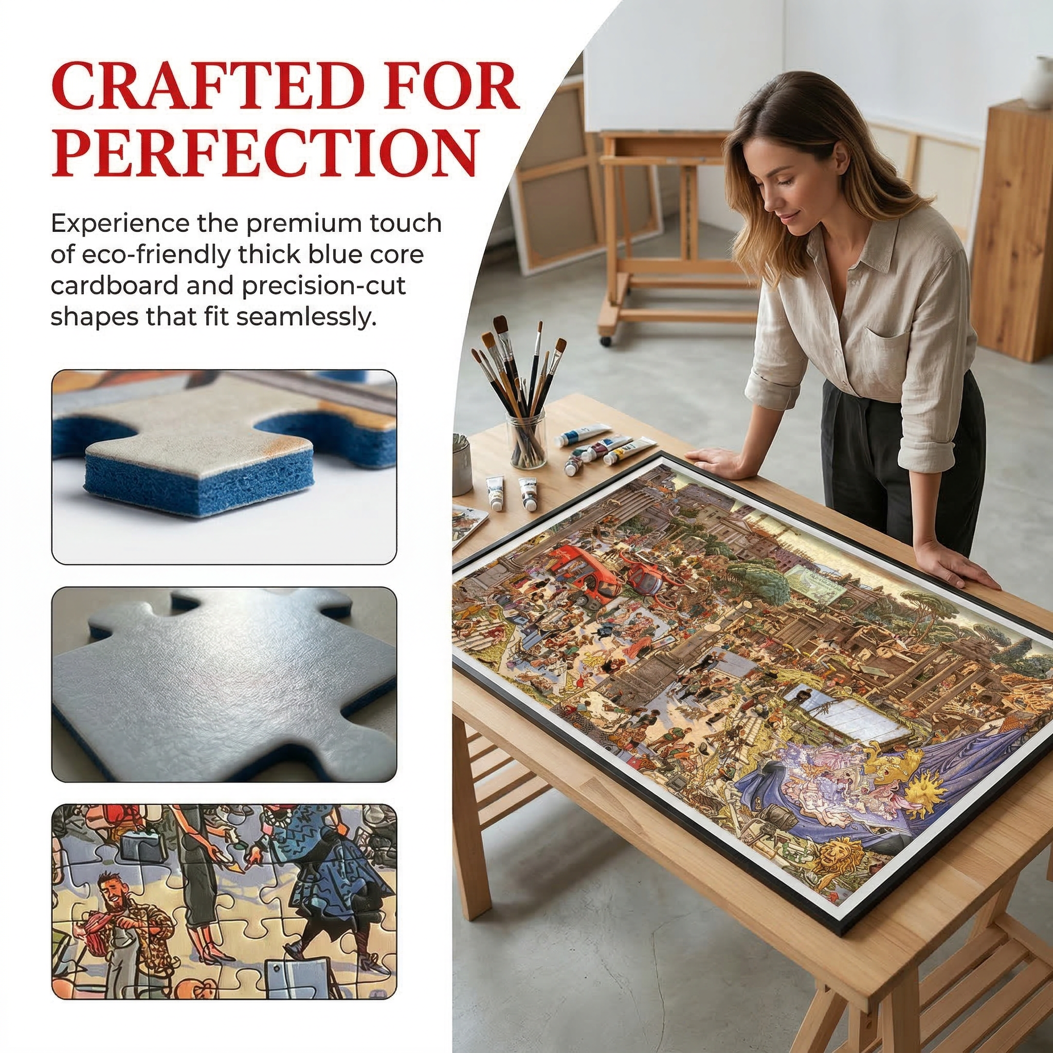 The "Fashion Shooting Set" art puzzle consists of 2000 pieces. It is suitable for adults and can be used for entertainment and stress relief.
