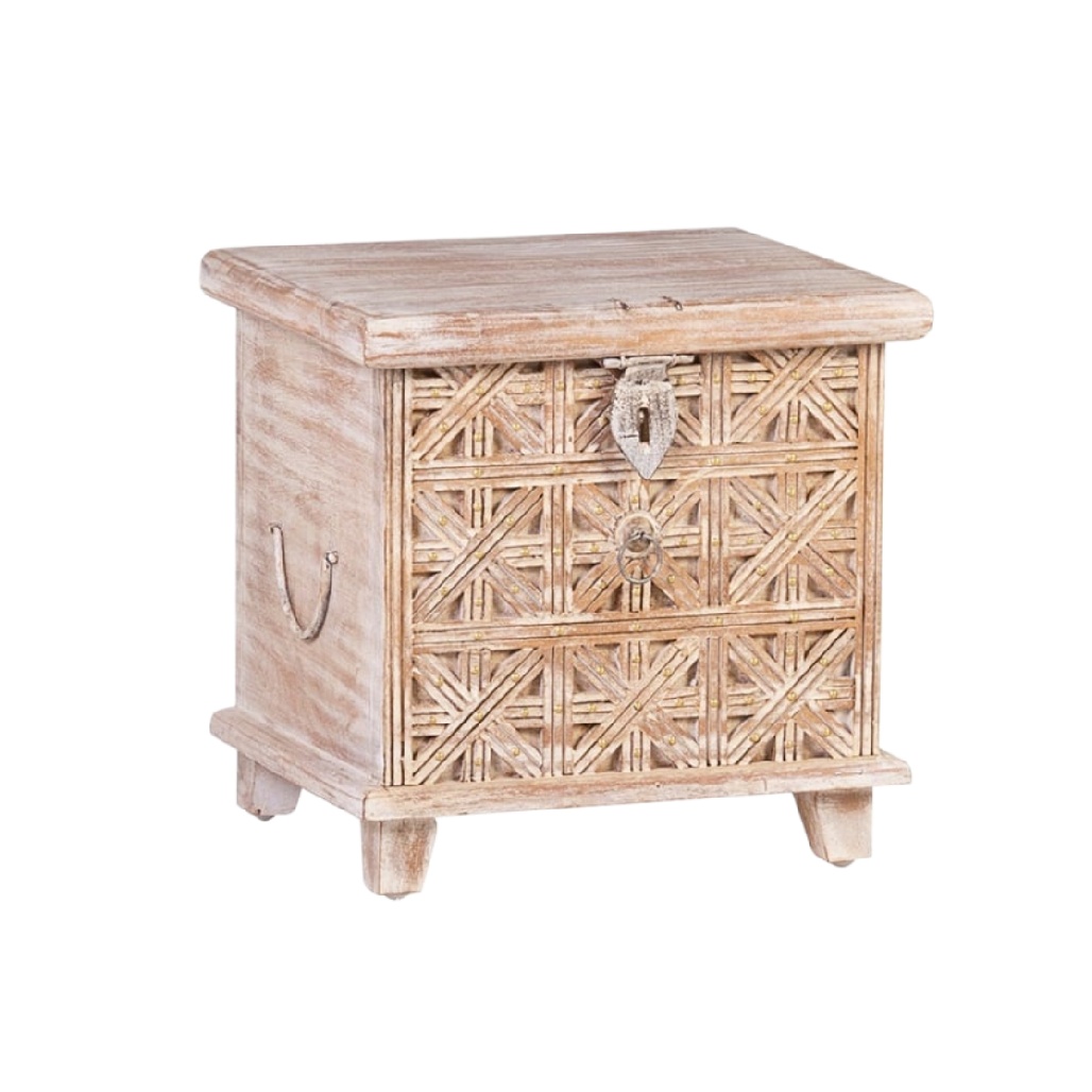 Petit coffre de rangement en bois sculpté style bohème-zonoxspace