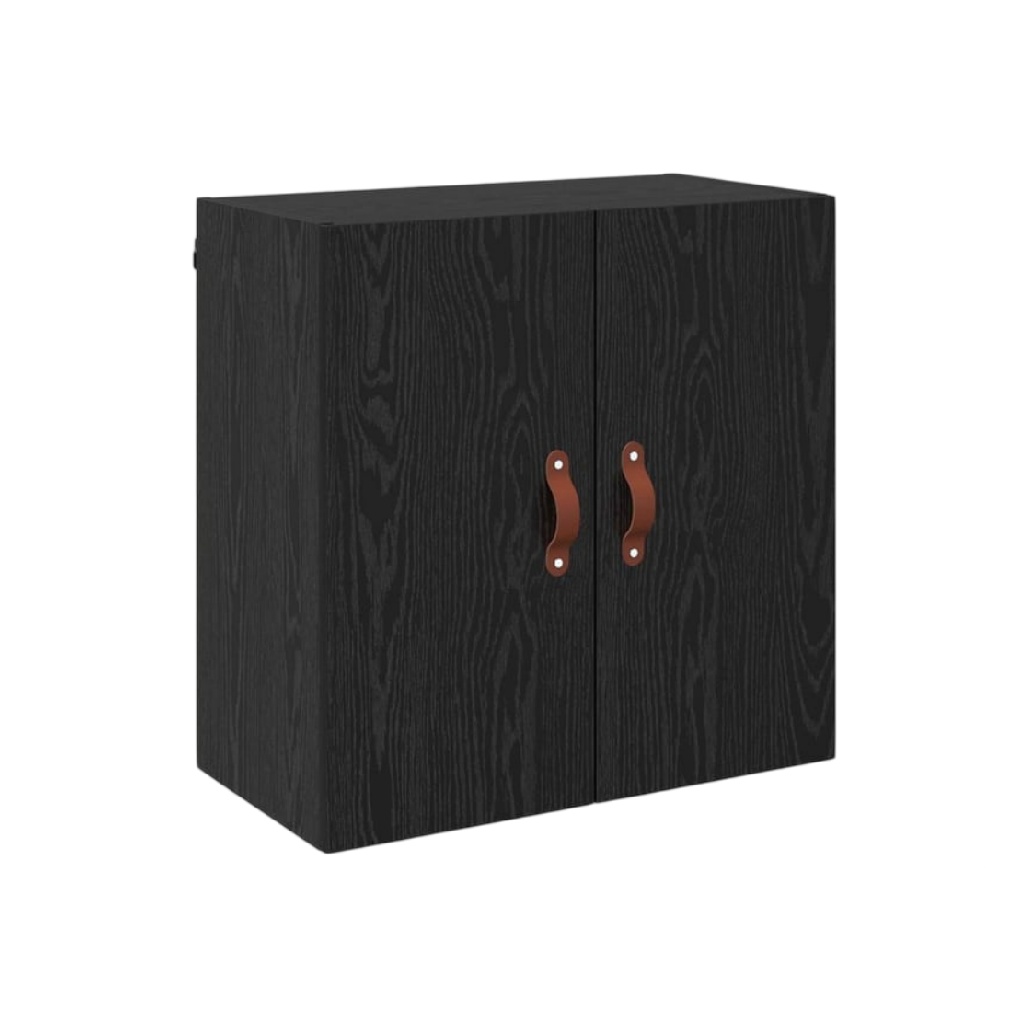 Petite armoire murale en bois noir avec poignées en cuir-zonoxspace