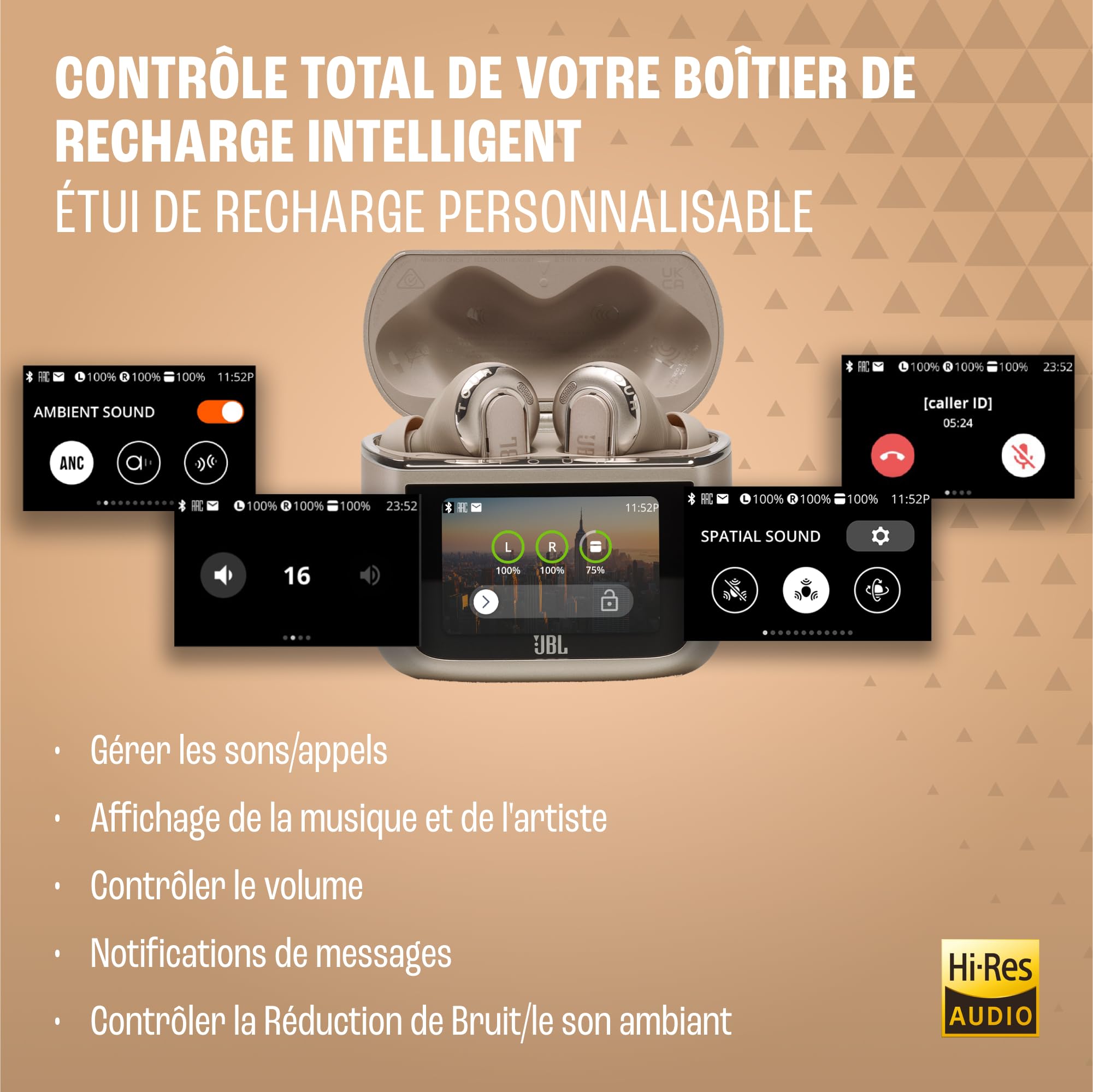 JBL Tour Pro 3, Écouteurs sans Fil, étui Intelligent de Recharge, 40h d'autonomie, avec Réduction de Bruit Adaptative, Bluetooth, Son Spatial 360, Marron