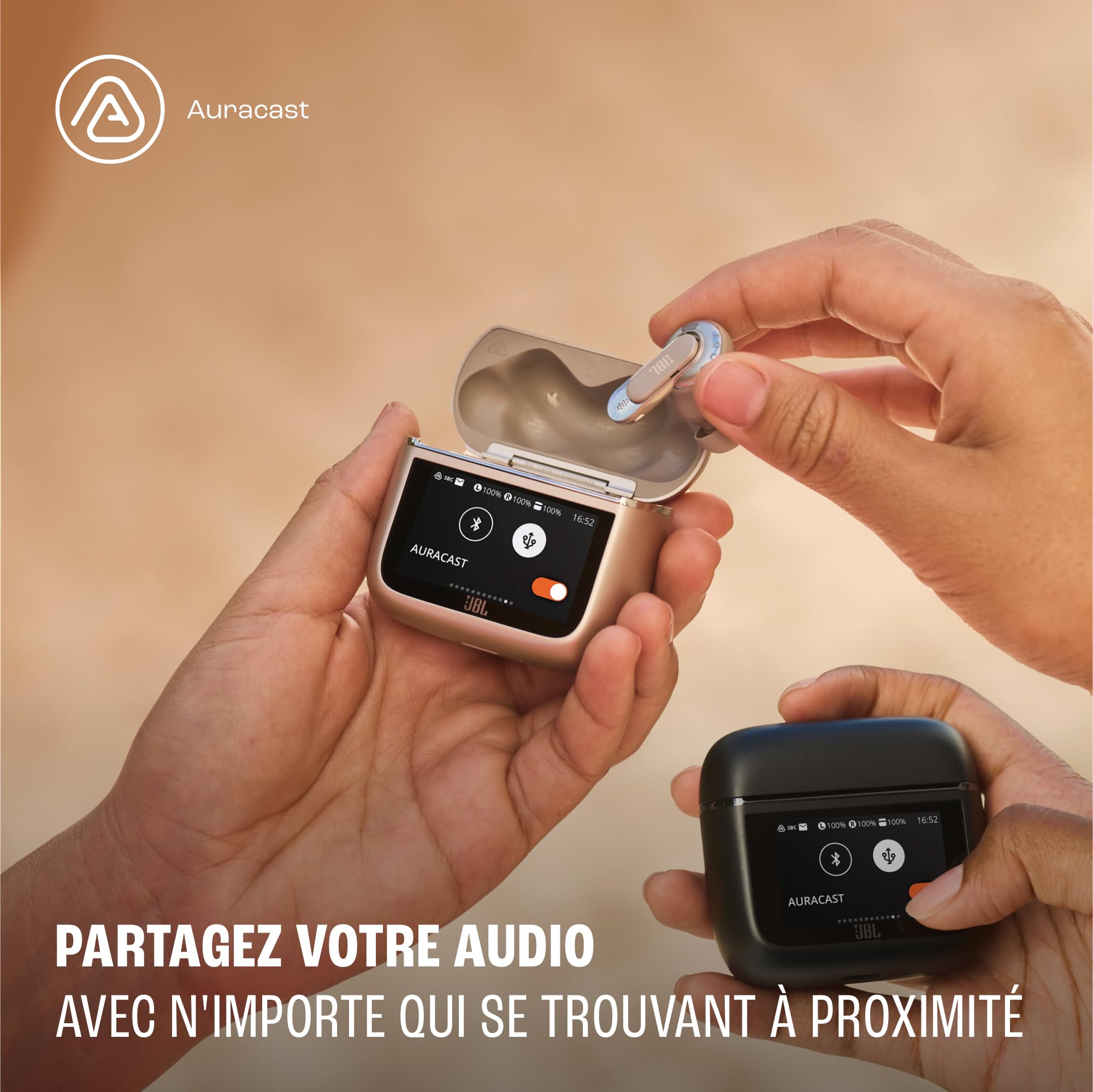 JBL Tour Pro 3, Écouteurs sans Fil, étui Intelligent de Recharge, 40h d'autonomie, avec Réduction de Bruit Adaptative, Bluetooth, Son Spatial 360, Marron